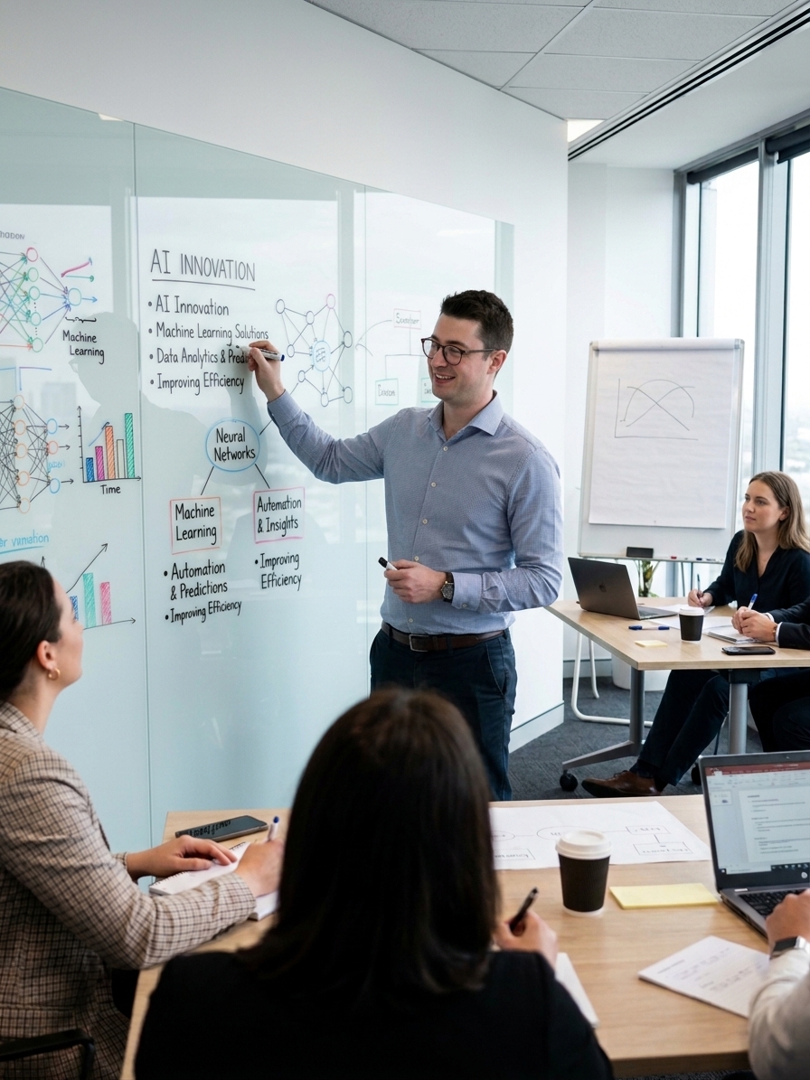 Volodimir at the whiteboard facilitating an AI innovation workshop